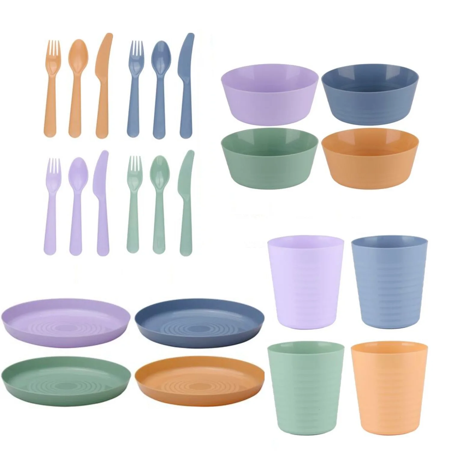 24PCS Lightweight Kids Dinner Set Plastic Reusable Multi Coloured – Easy to Carry Kids Plastic Plates Bowls Cups Cutlery Set of 4 – Childrens Dinnerware Set Mealtime Tableware Set for Summer Party Picnic Camping