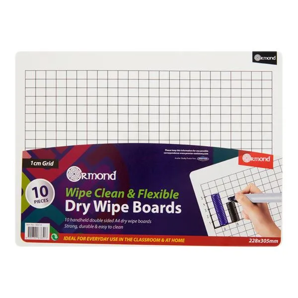 10 Dry Wipe Boards - 228x305mm - 1cm Grid
