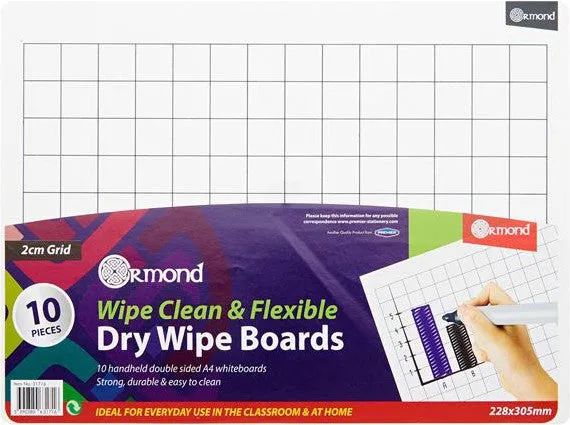 10 Dry Wipe Boards - 228x305mm - 2cm Grid
