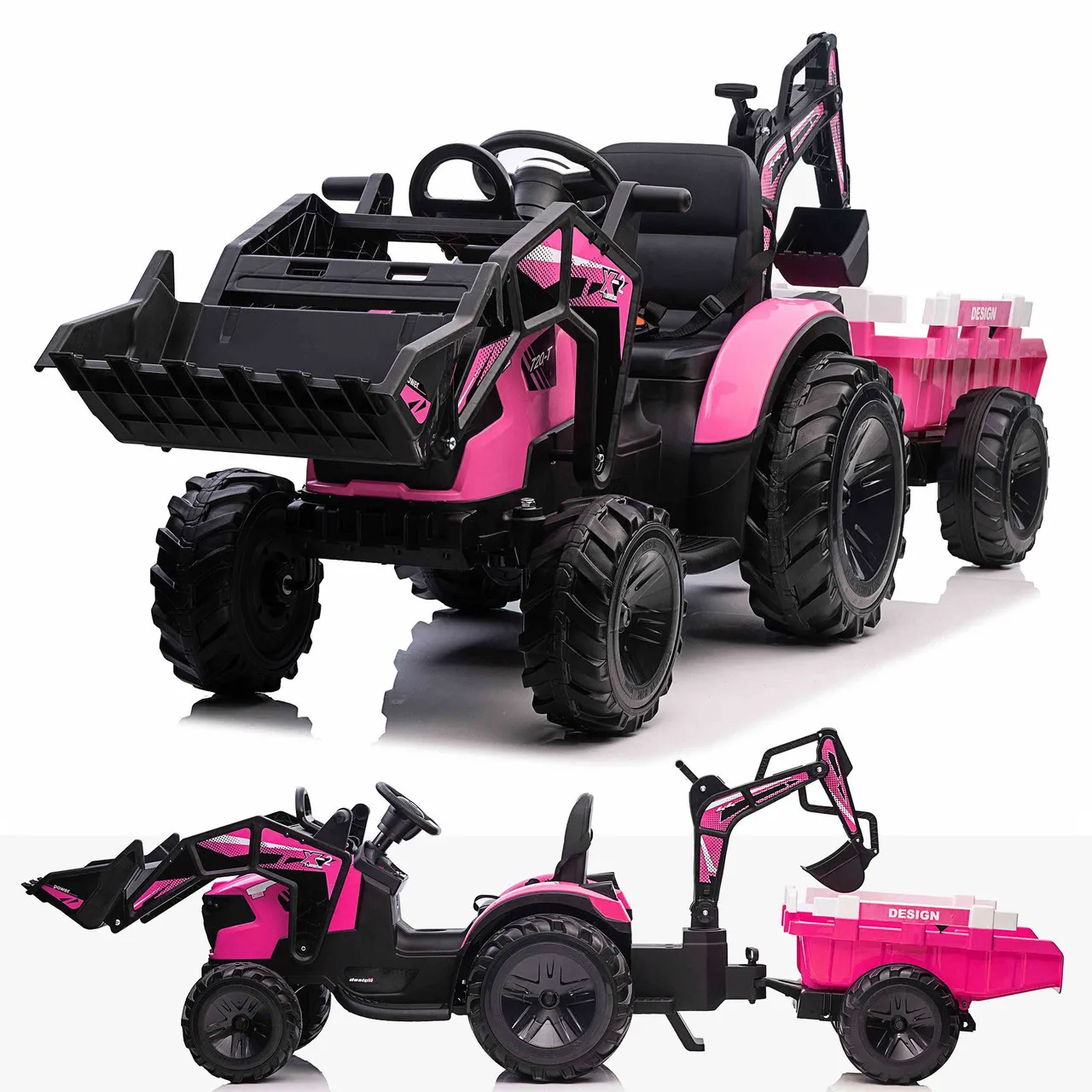24v Mega Pink Multi-Function Tractor, Digger, Loader & Excavator