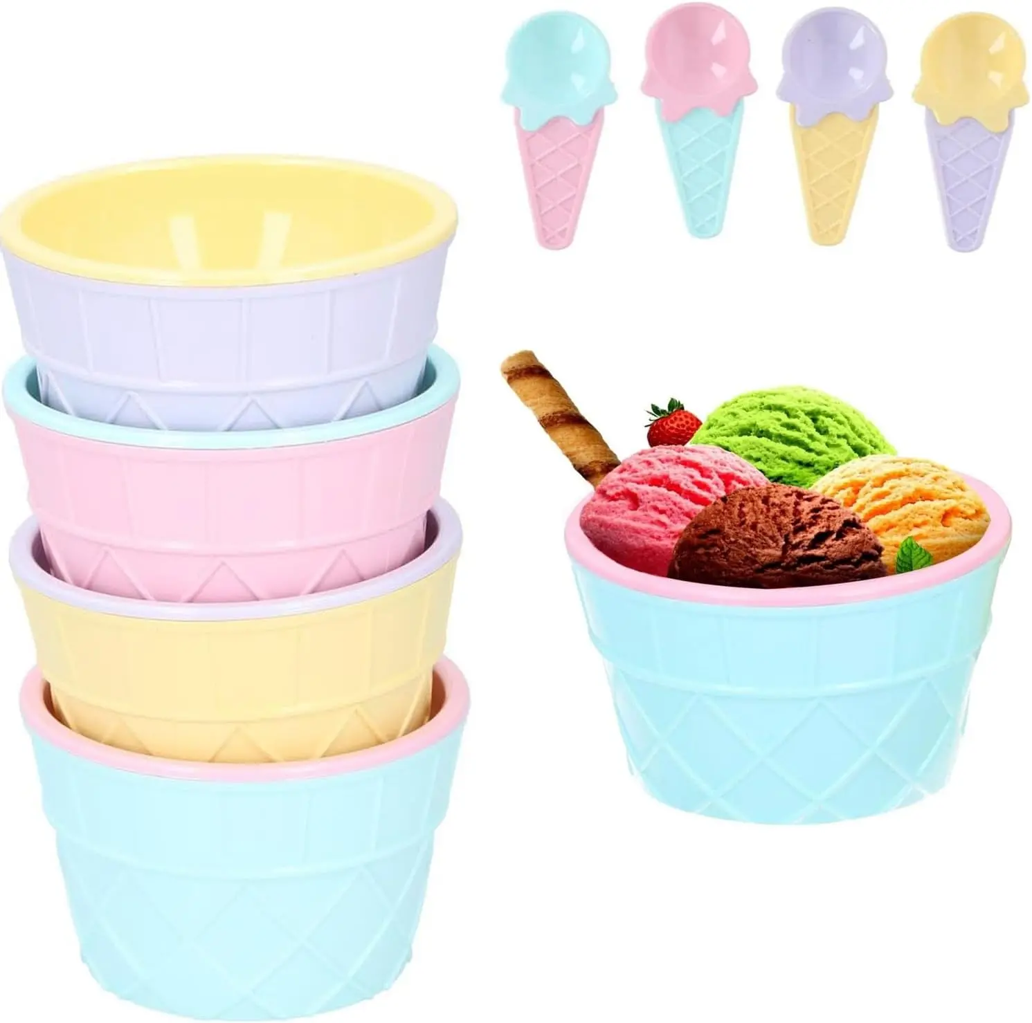 9PC Pastel Coloured Cone Shaped Ice Cream Set with Dessert Bowls Spoons and Ice Cream Scoop for Kids Serving 4 Set – Reusable Plastic Tableware Kitchenware Utensils Birthday Sundae Treats for Children Ages 3+