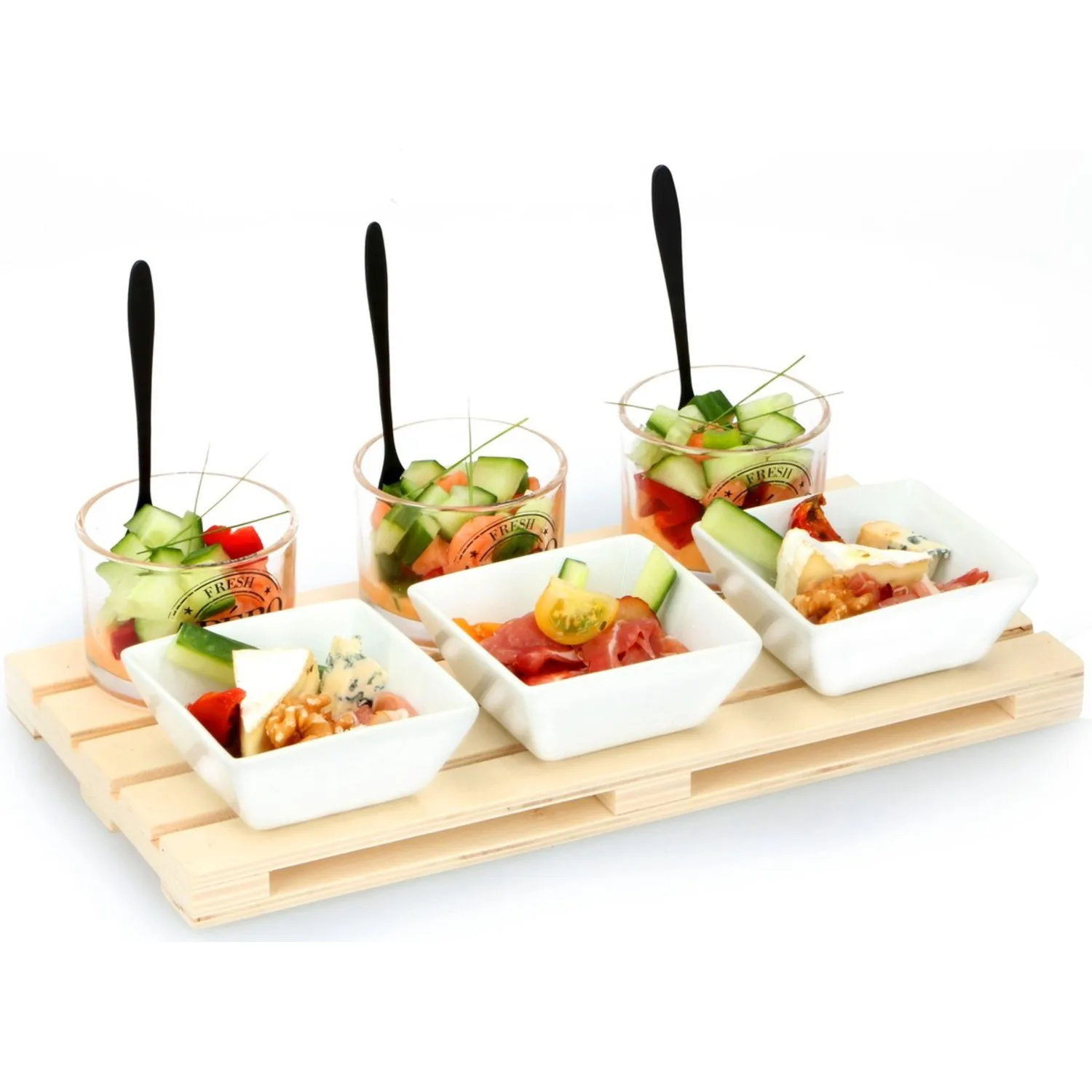 10PCS Serving Dishes Appetiser Serving Tray Includes Ceramic Dishes Cups Spoons and Wooden Tray – Serving Platters for Parties – Removable Dish Bowls Cups Party Food Trays for Appetisers Snacks Dips