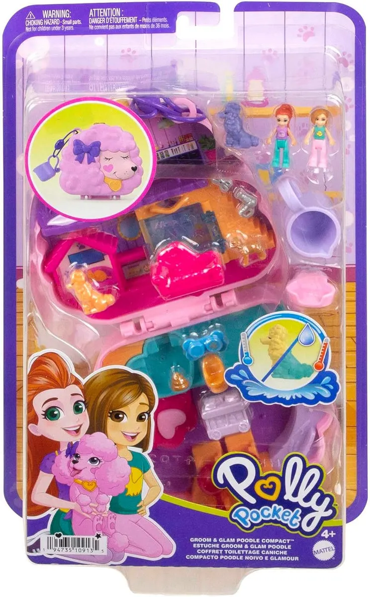 Polly Pocket Groom & Glam Poodle Compact Playset with Water Play and 2 Colour-Change Pieces, HKV35