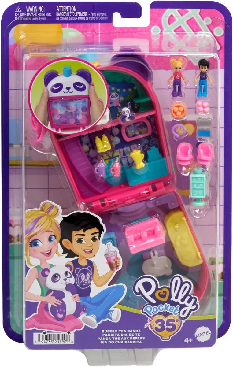 Polly Pocket Bubble Tea Panda Playset with 2 Micro Dolls & Food Accessories Compact Animal Toy HWN95