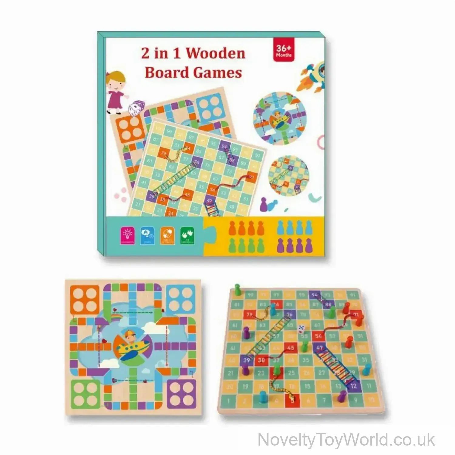 2 in 1 Wooden Board Game - Snakes & Ladders & Ludo