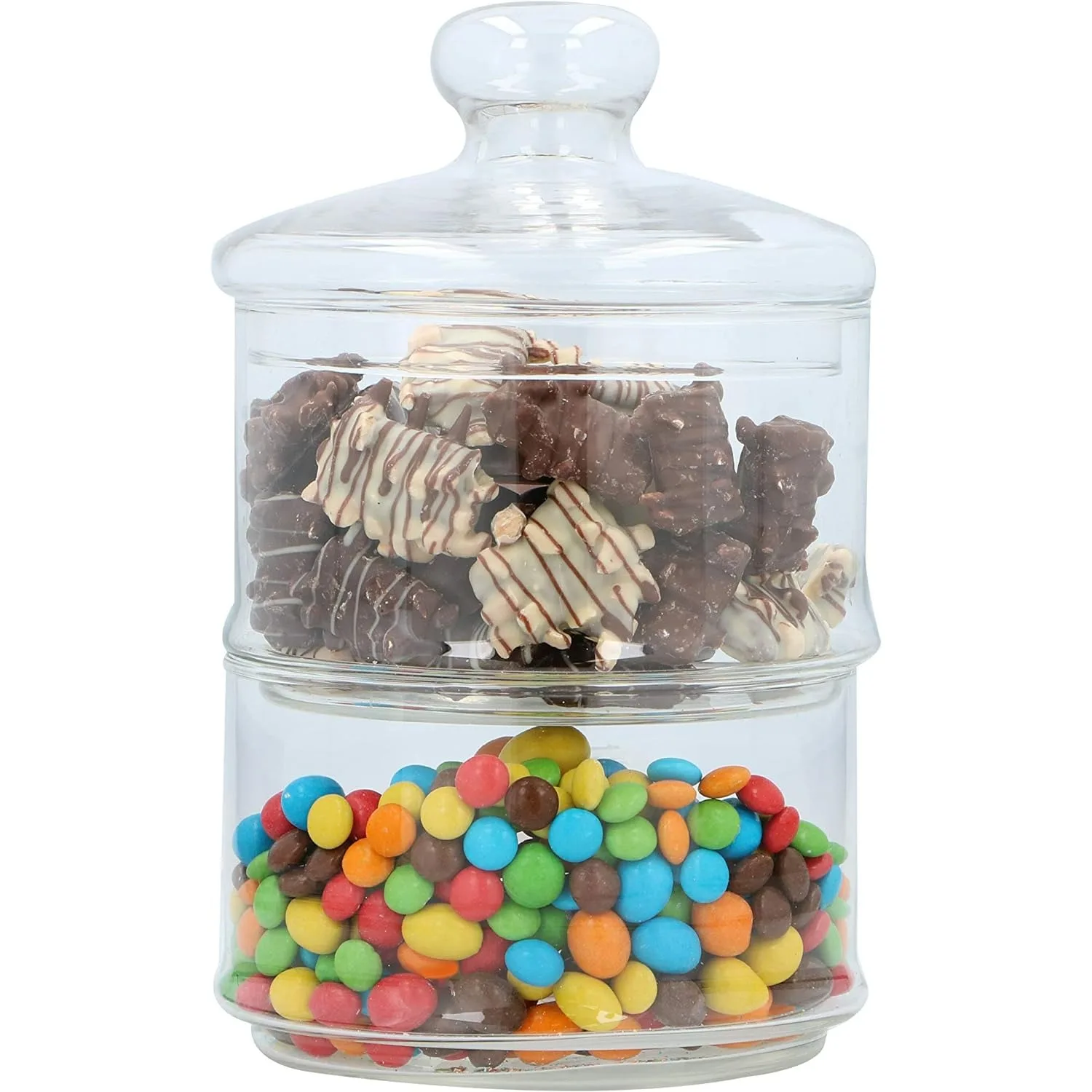 2-Tier Stackable Stylish Decorative Clear Glass Dry Storage Jars Canisters with Lid for Sweets Candies Chocolates Chips Nuts Cookies Biscuits Kitchen Containers Tin