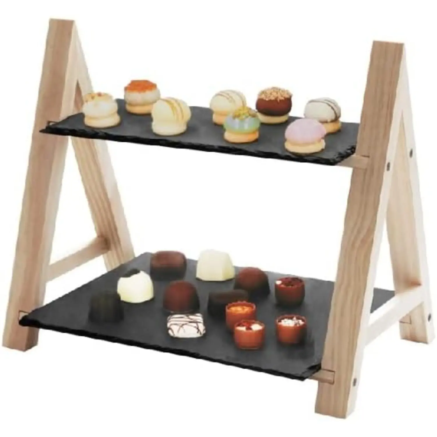 2 Tier Rectangular Slate Panels and Natural Wood Stand Platter Food Rack Serving Tray for Dessert Cake Pastries Appetizers Snack Home Party Occasions Events Kitchen Wooden Organiser Decor