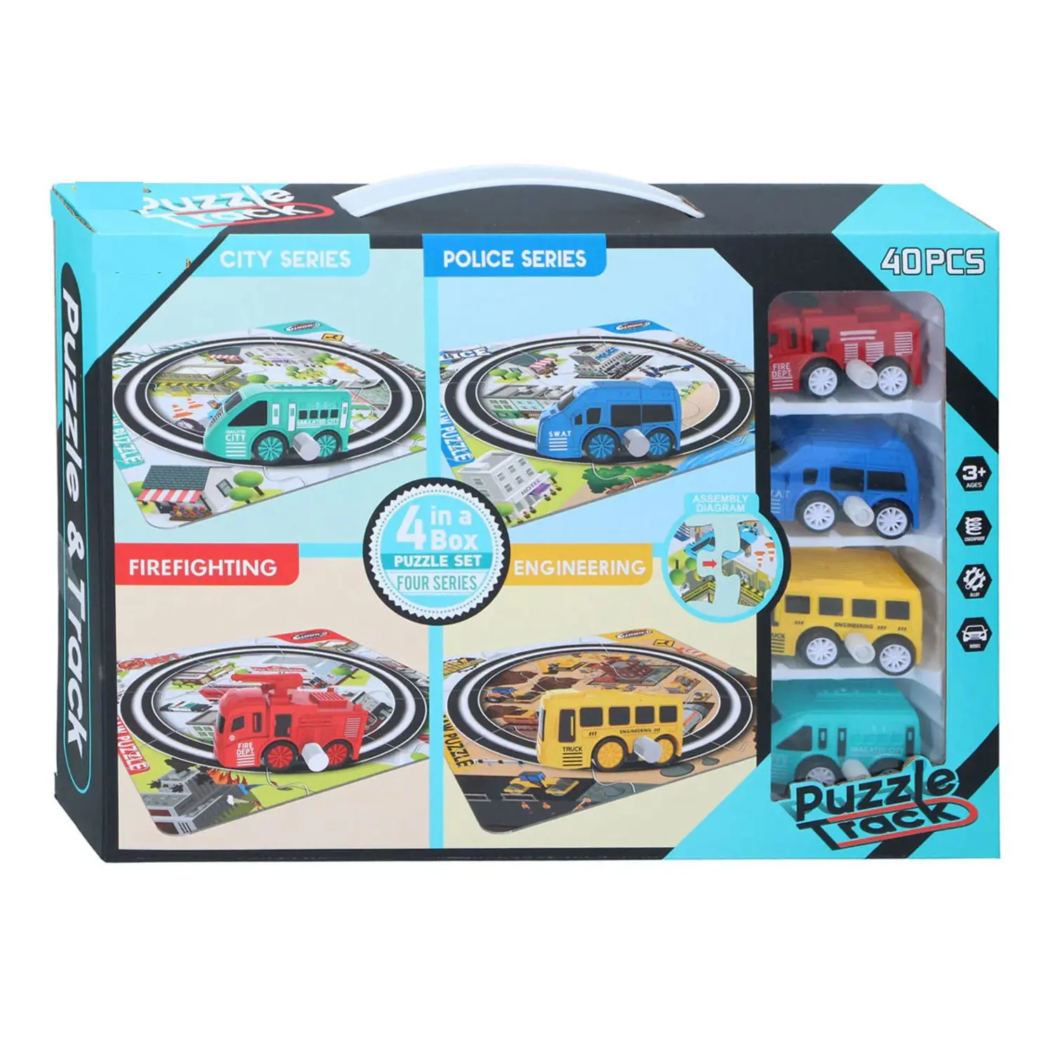 40PC Puzzle Track Car Play Set for Kids Includes 4 Wind Up Cars in 4 Series City Police Firefighting and Engineering – Educational Jigsaw Rail Car Play Set Toy for Children Boys Girls
