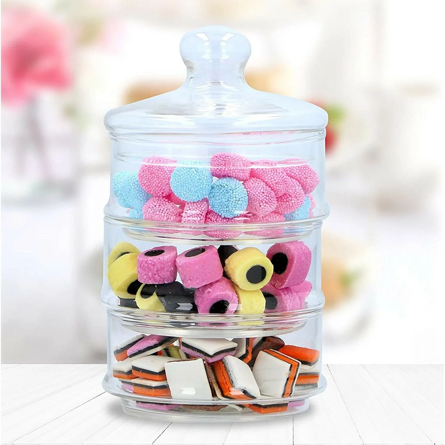 3-Tier Stackable Stylish Decorative Clear Glass Dry Storage Jars Canisters with Lid for Sweets Candies Chocolates Chips Nuts Cookies Biscuits Kitchen Containers Tin