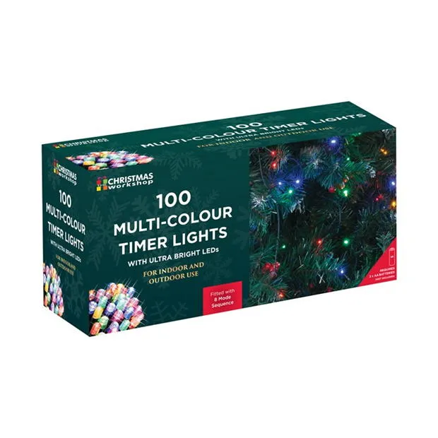 100 LED Battery Operated Timer Christmas Fairy Tree Decorative Lights - Multi Colour