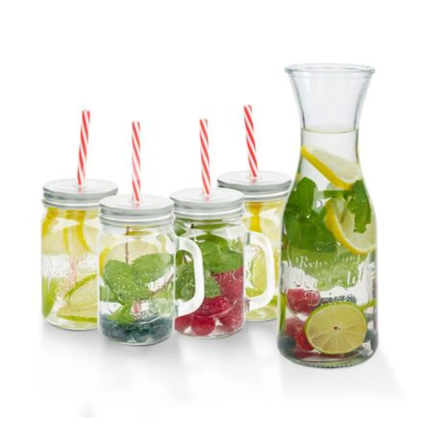 5PCS 1L Glass Carafe with 420ML Drinking Jars with Lid and Straw Set – Water Pitcher Carafe and Mason Jars Drinking Glass Glassware Set for Cold Drinks Juices Iced Tea Water Lemonade