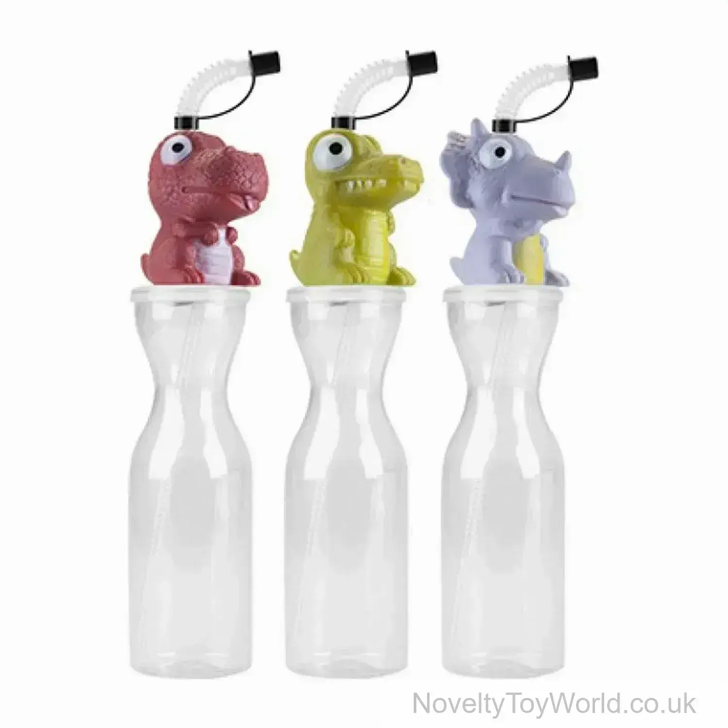 500ml Dinosaur Clear Drinking Bottle with Bendy Straw - 3 Assorted