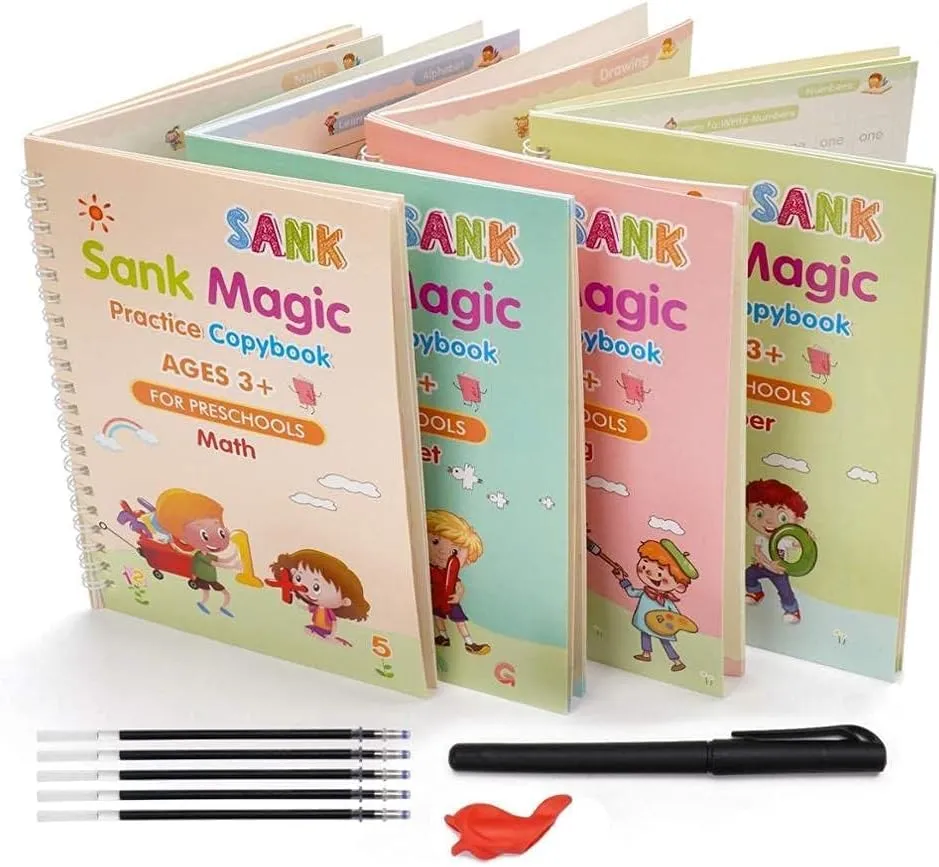 Educational Practice Copybooks including Pen, 10 Refills, Grip and 4 Pack of Books - Numbers, Drawing, Alphabet, Maths