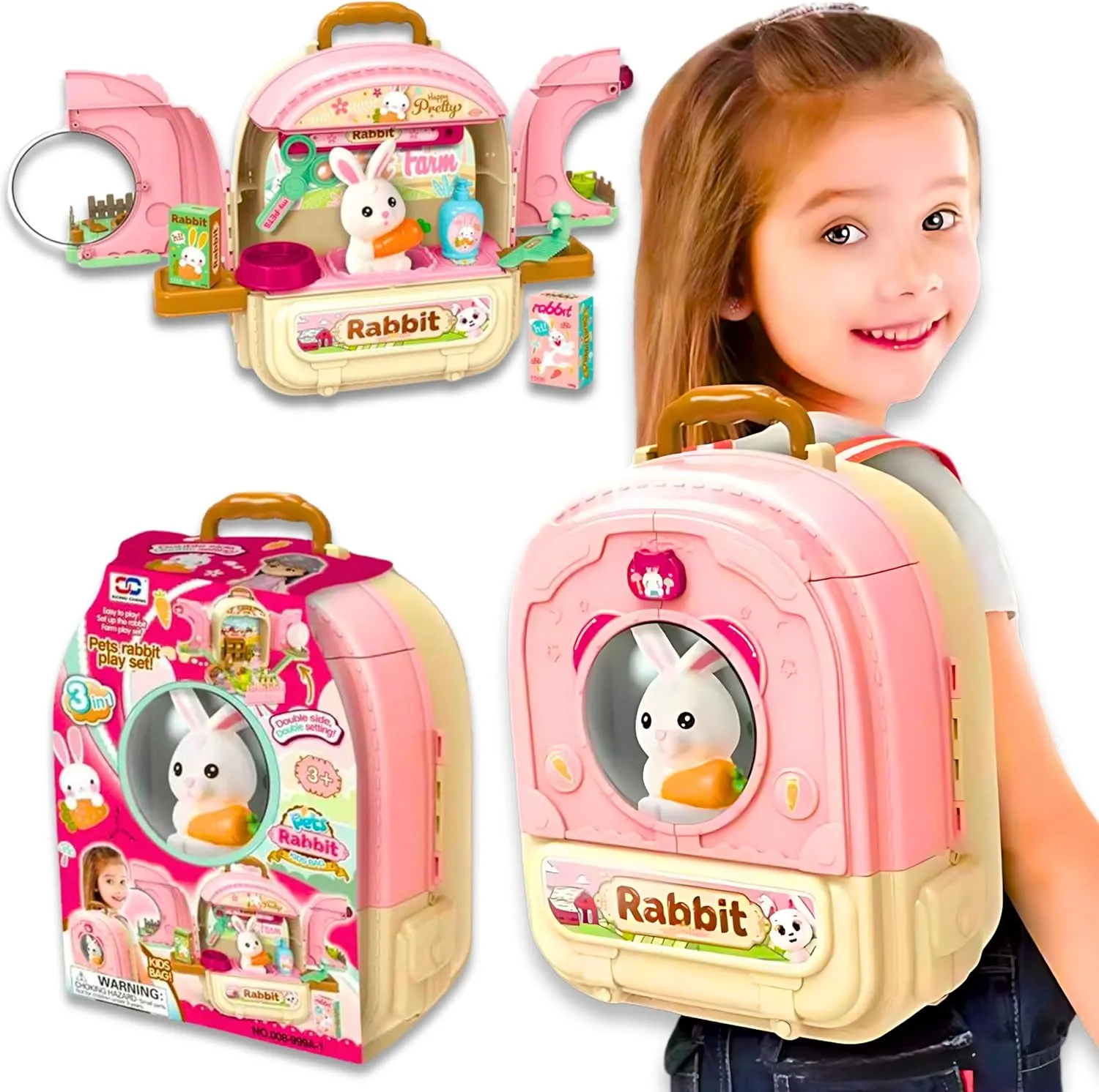 Cute Bunny Rabbit Pet Set Backpack & Toy Playset