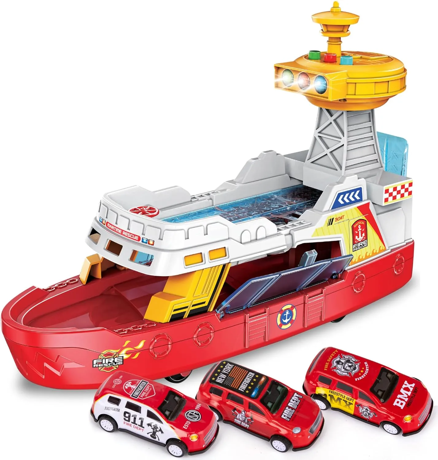 Coast Guard Fire Rescue Boat With Lights & Sound Light Up Boat Toy with 3 Toy Cars