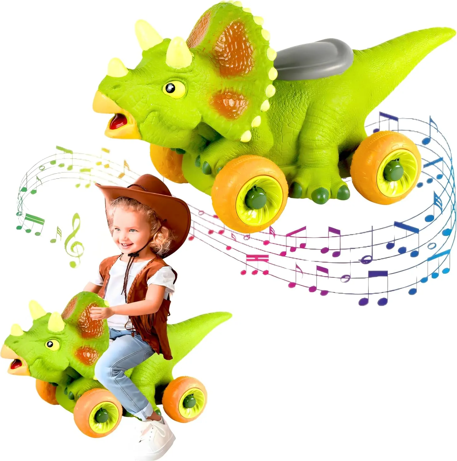 Triceratops Ride On Kids Toy With Wheels Push Along