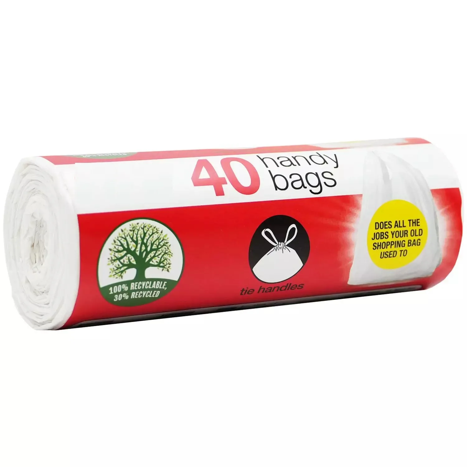 40-Pack Multi-Purpose Recyclable White Handy Carrier Bags Roll with Strong Tie Handles Perfect for Home Garden Shopping Groceries – Waste Bin Liners White Plastic Bags Shopping Bags Replacement Carry Bags for Fruits