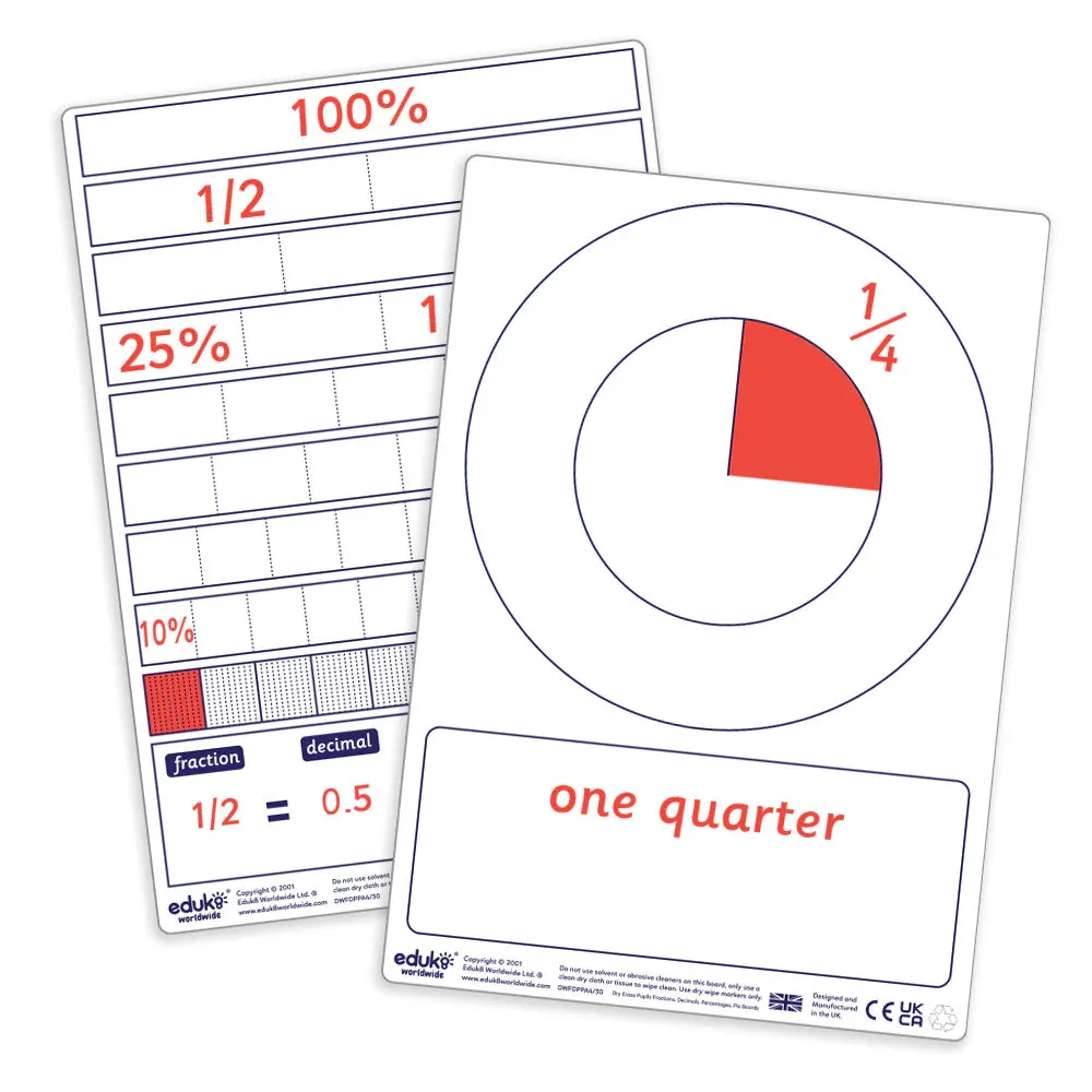 Pupils Dry Wipe Fraction, Decimal, Percentage, Pie Boards Pack of 30