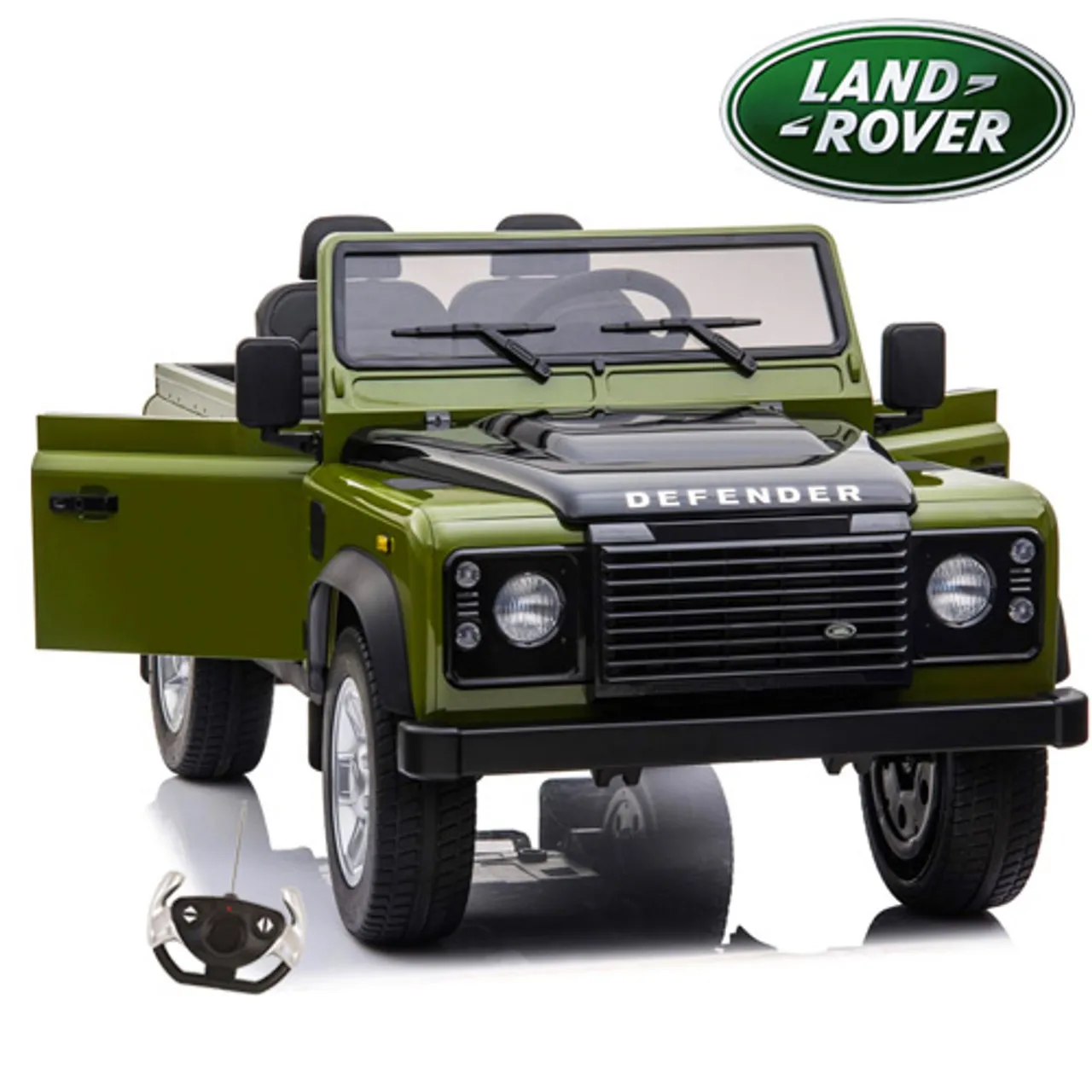 Kids 12v Two Seat Green Land Rover Defender with EVA Tyres