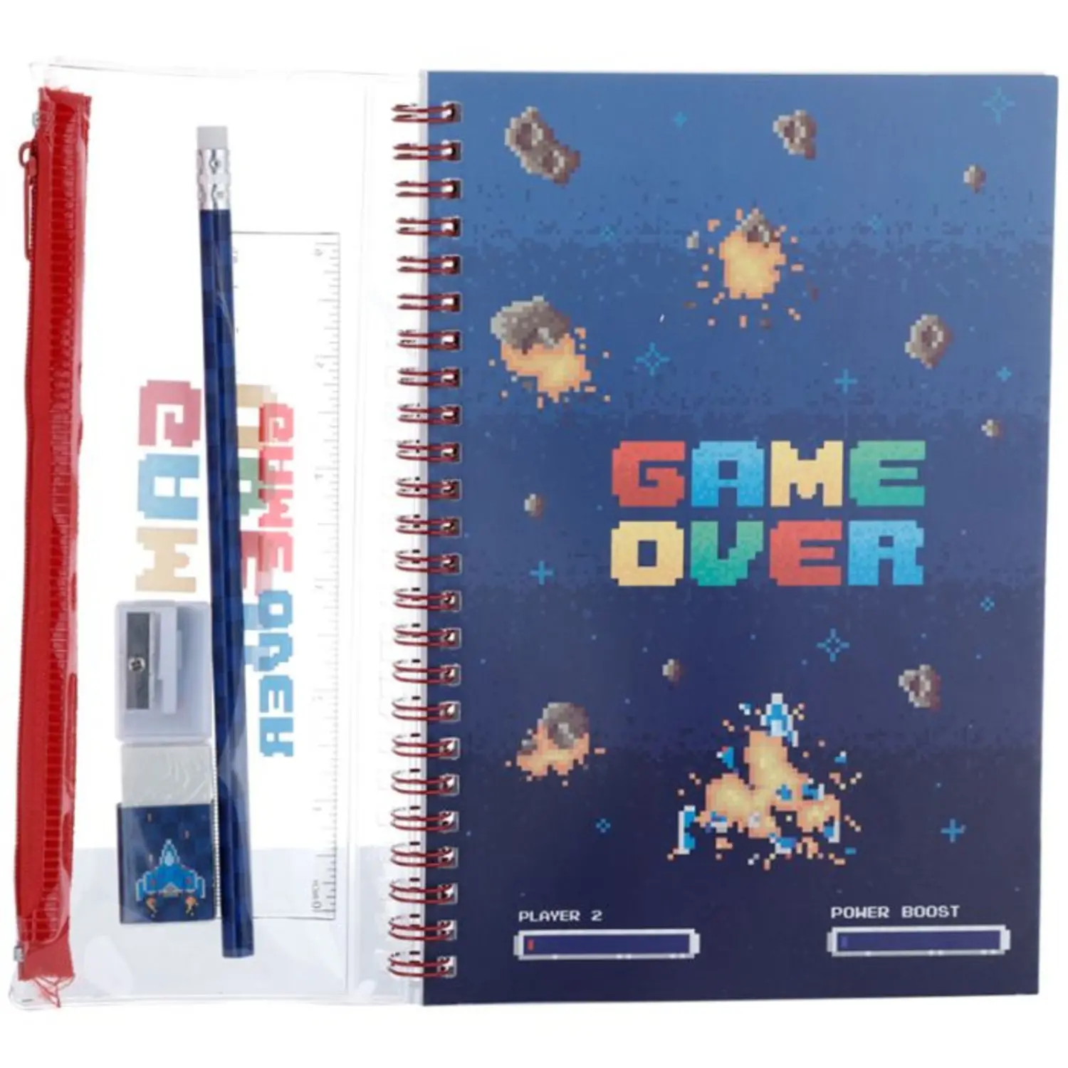 6PCS School Stationery Set Game Over Design Includes Ring Bound Notebook Clear Pencil Case with Ruler Pencil Sharpener Eraser Stationery Supplies School Supplies for Kids