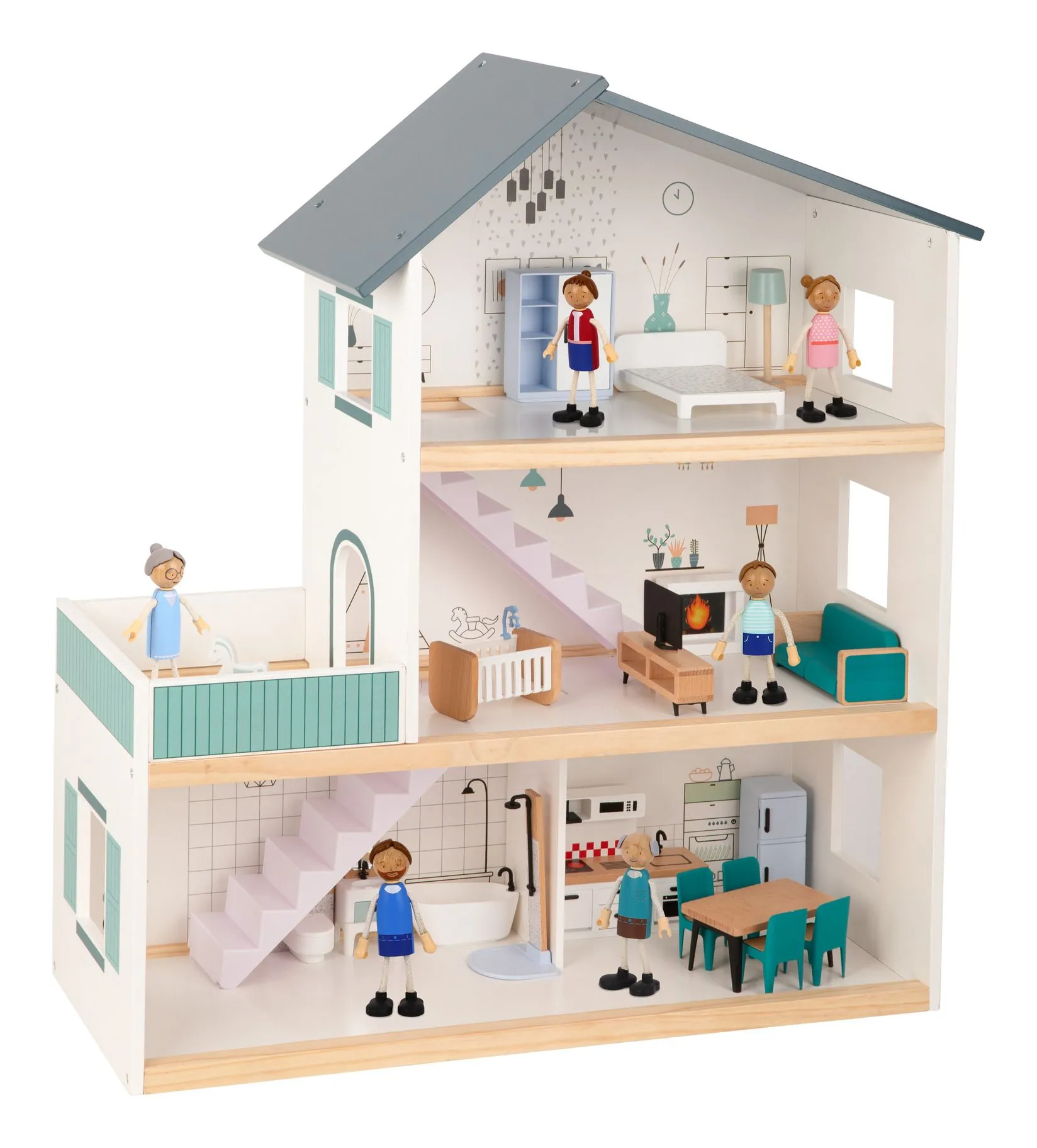 Wooden Doll House – Fully Furnished with Family of 6