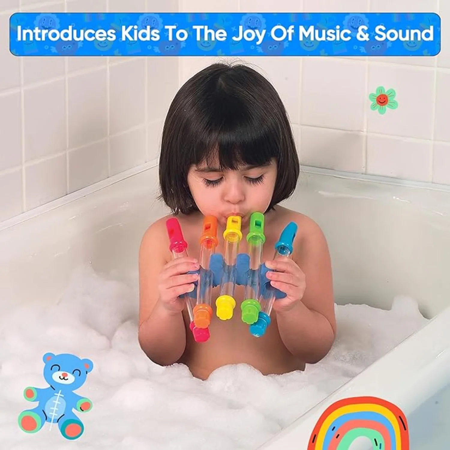 5PC Plastic Colourful Bath Flutes Set with Adjustable Sound Foam Holder for Kids Musical Water Flutes Fun Shower Bath Instrument Toys for Children