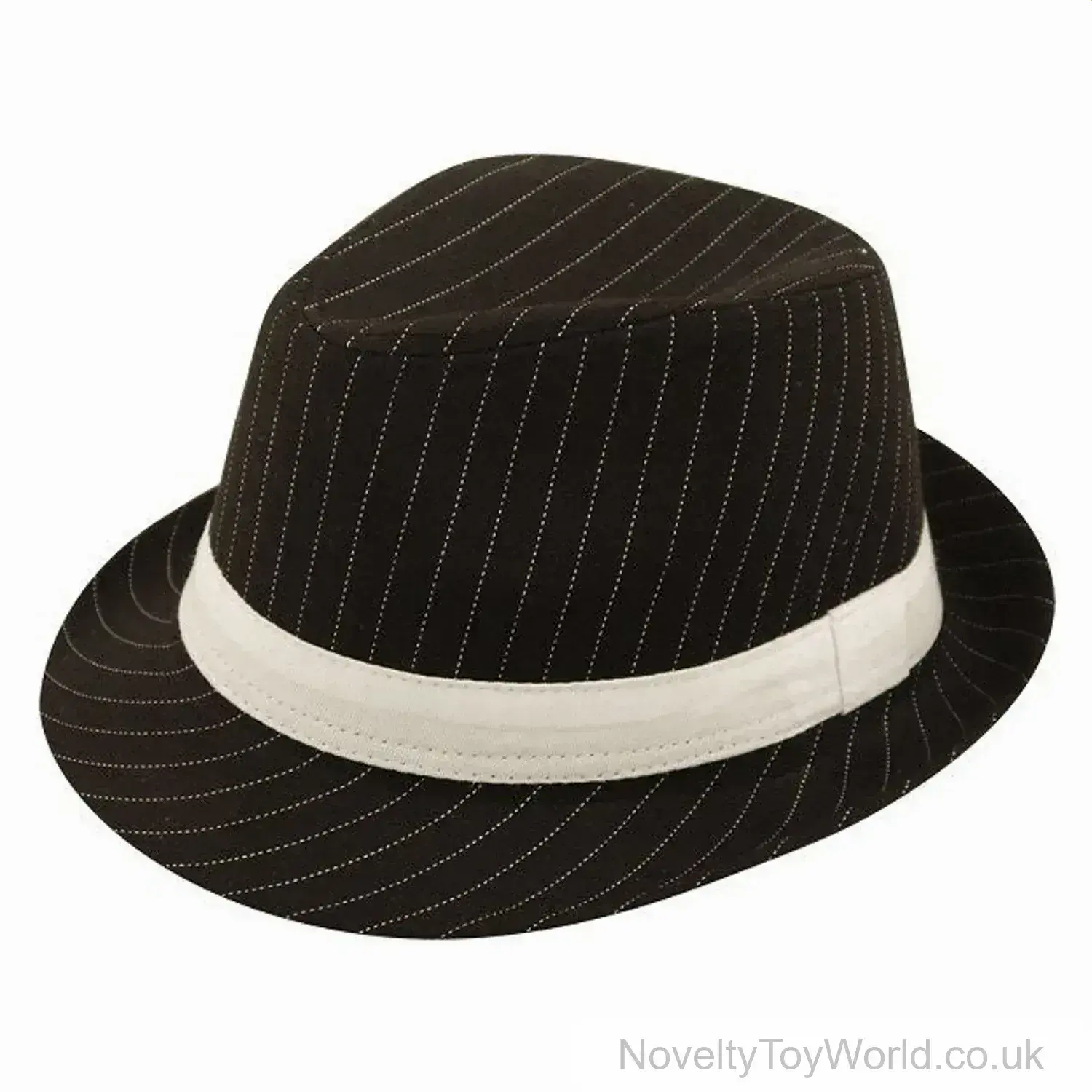 Black Pinstriped Gangster Trilby with White Hat Band - Adult