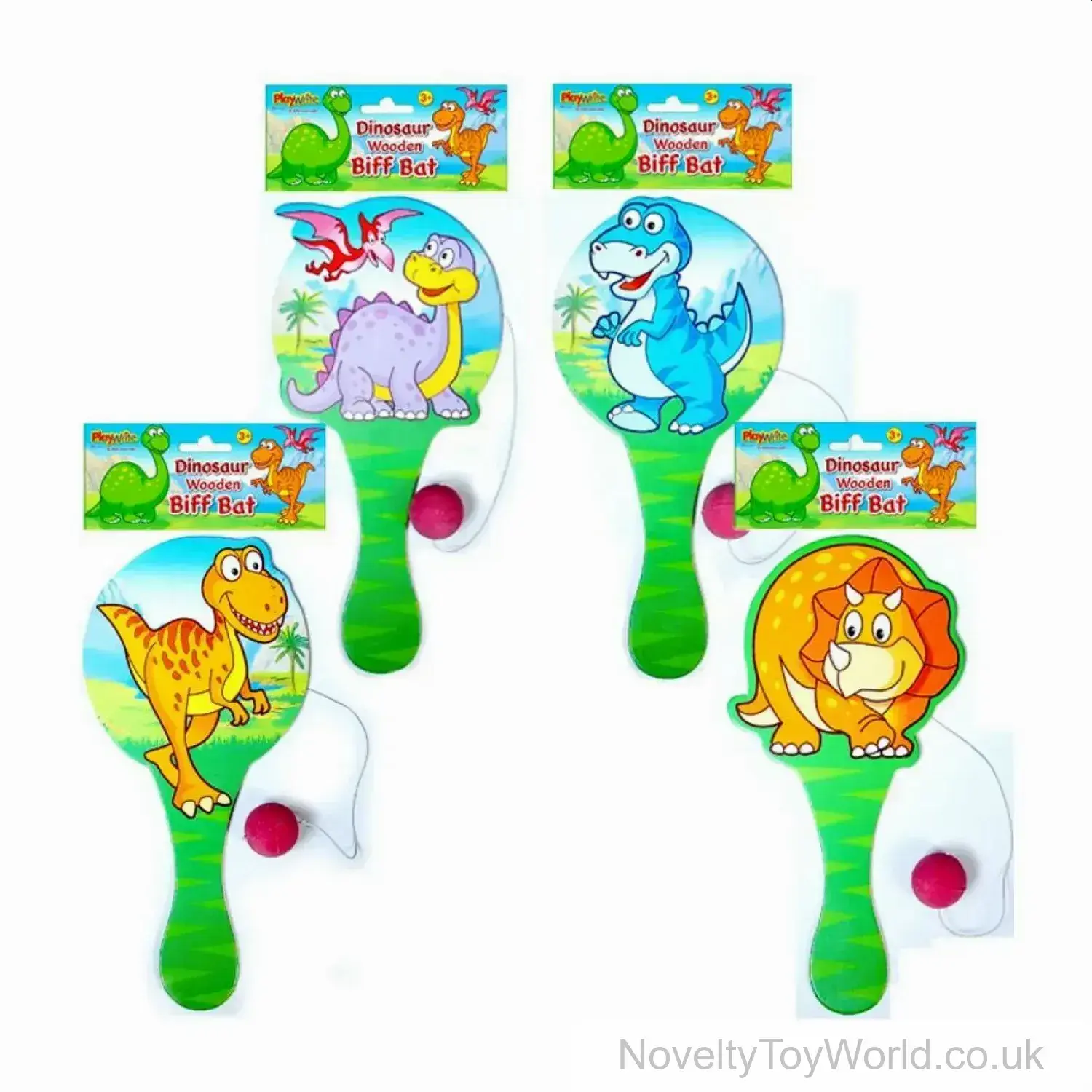 Dinosaur Themed Wooden Paddle Bat with Ball (22cm)