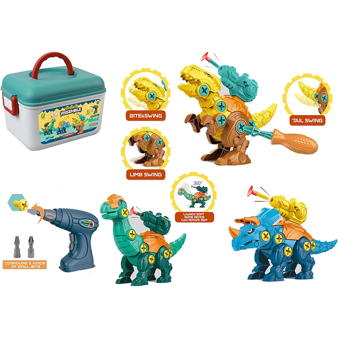Dinosaur Building Set 3 Dinosaurs In A Bucket With Electric Drill & Screwdriver