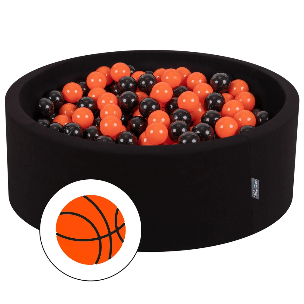 KiddyMoon Baby Foam Ball Pit with Balls ∅ 7cm / 2.75in Made in EU, Basketball: black/orange, 90x30cm/200 balls