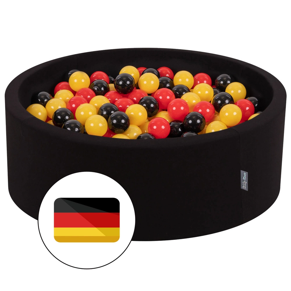 KiddyMoon Baby Foam Ball Pit with Balls ∅ 7cm / 2.75in Made in EU, Germany: black/red/yellow, 90x30cm/200 balls