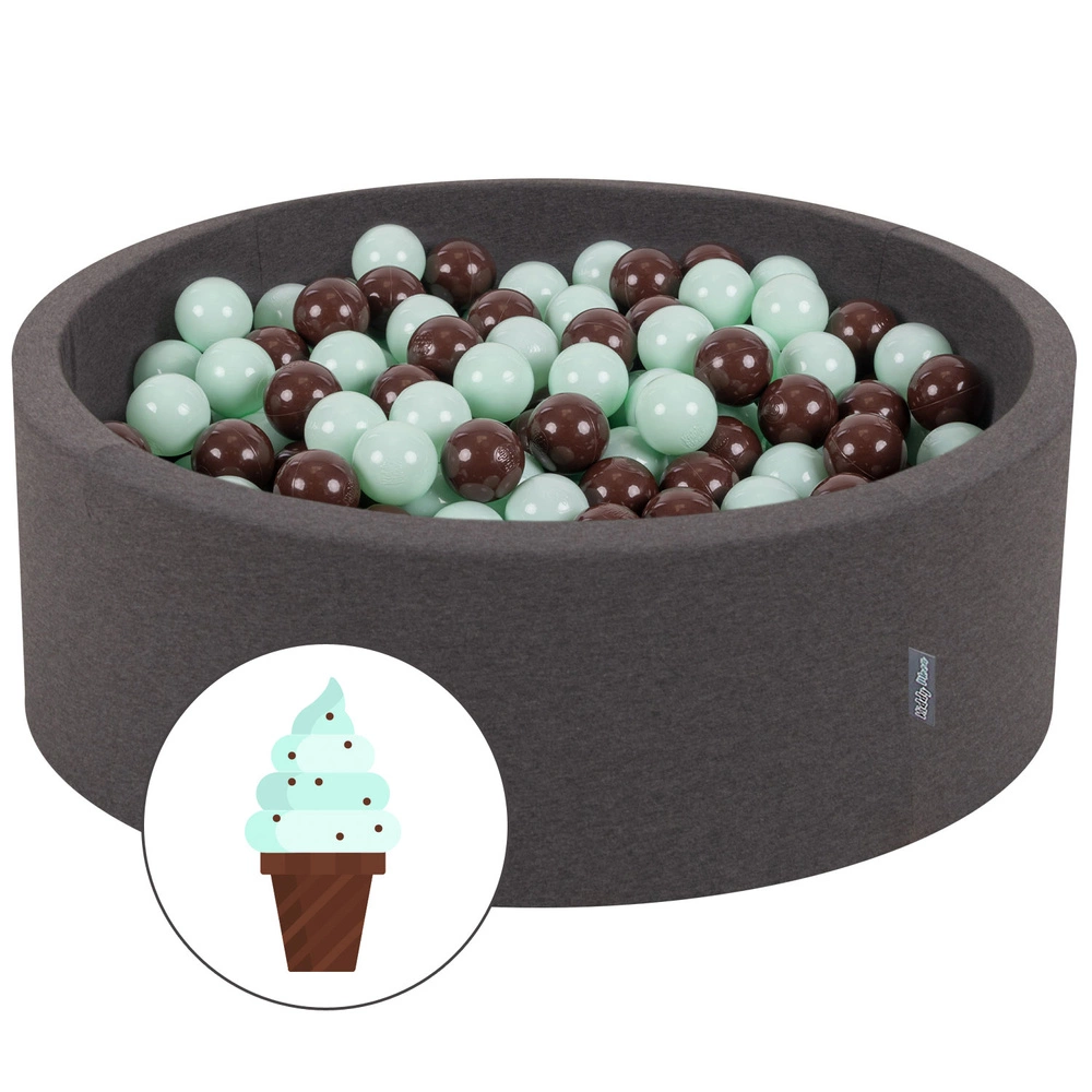 KiddyMoon Baby Foam Ball Pit with Balls ∅ 7cm / 2.75in Made in EU, Ice cream dark grey, 90x30cm/200 balls