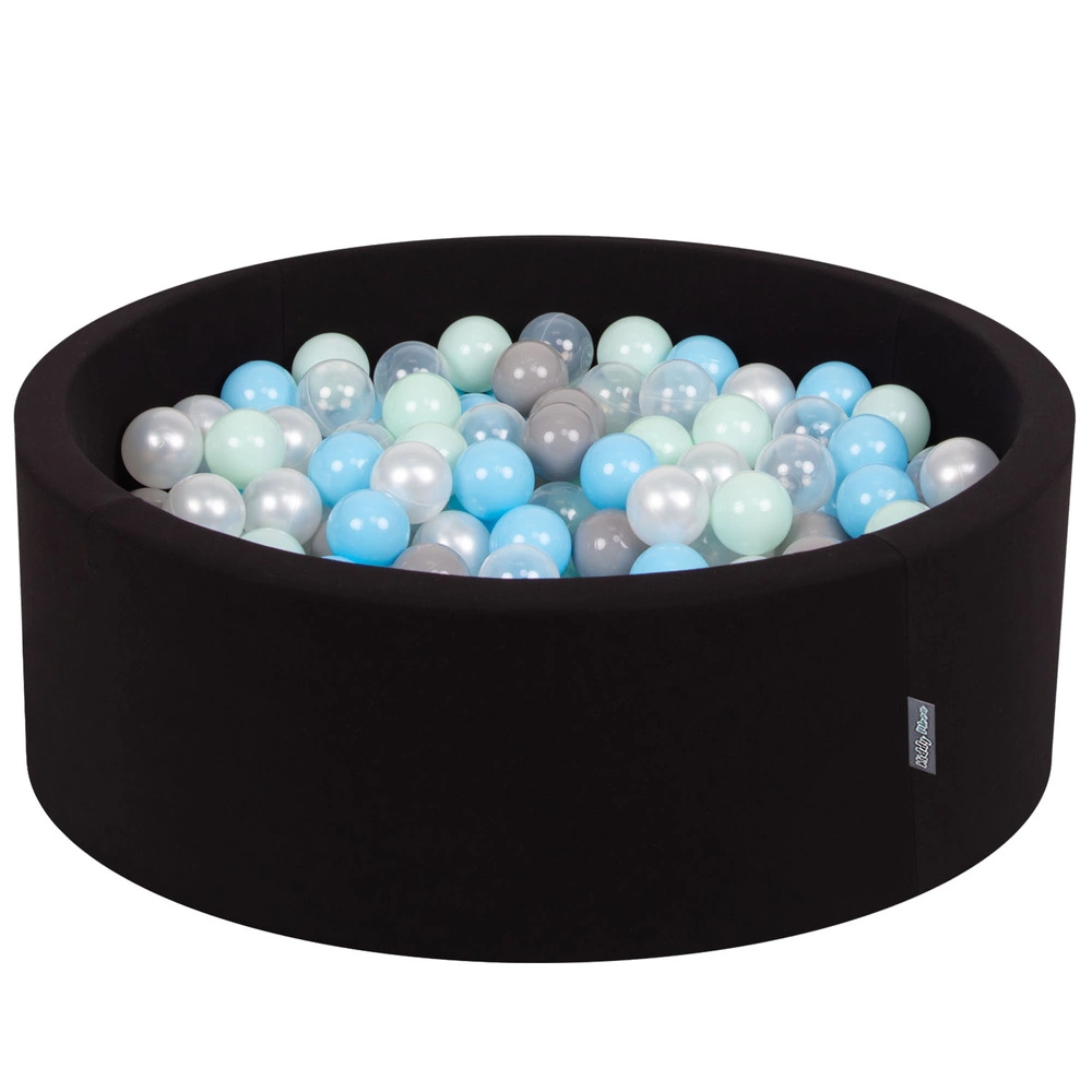 KiddyMoon Baby Foam Ball Pit with Balls ∅ 7cm / 2.75in Made in EU, black:pearl/grey/transparent/babyblue/mint, 90x30cm/200 balls