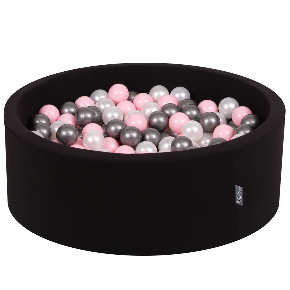 KiddyMoon Baby Foam Ball Pit with Balls ∅ 7cm / 2.75in Made in EU, black:pearl/light pink/silver, 90x30cm/200 balls