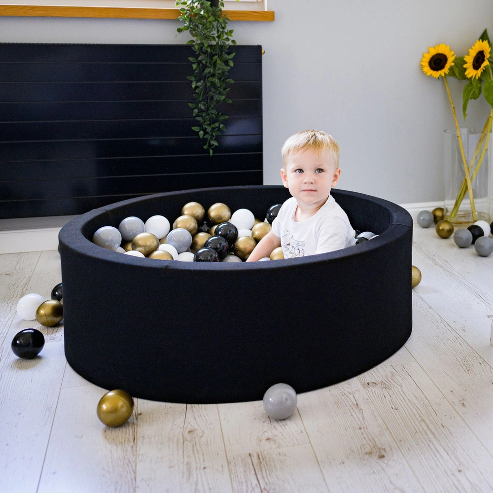 KiddyMoon Baby Foam Ball Pit with Balls ∅ 7cm / 2.75in Made in EU, black:white/grey/black/gold, 90x30cm/200 balls