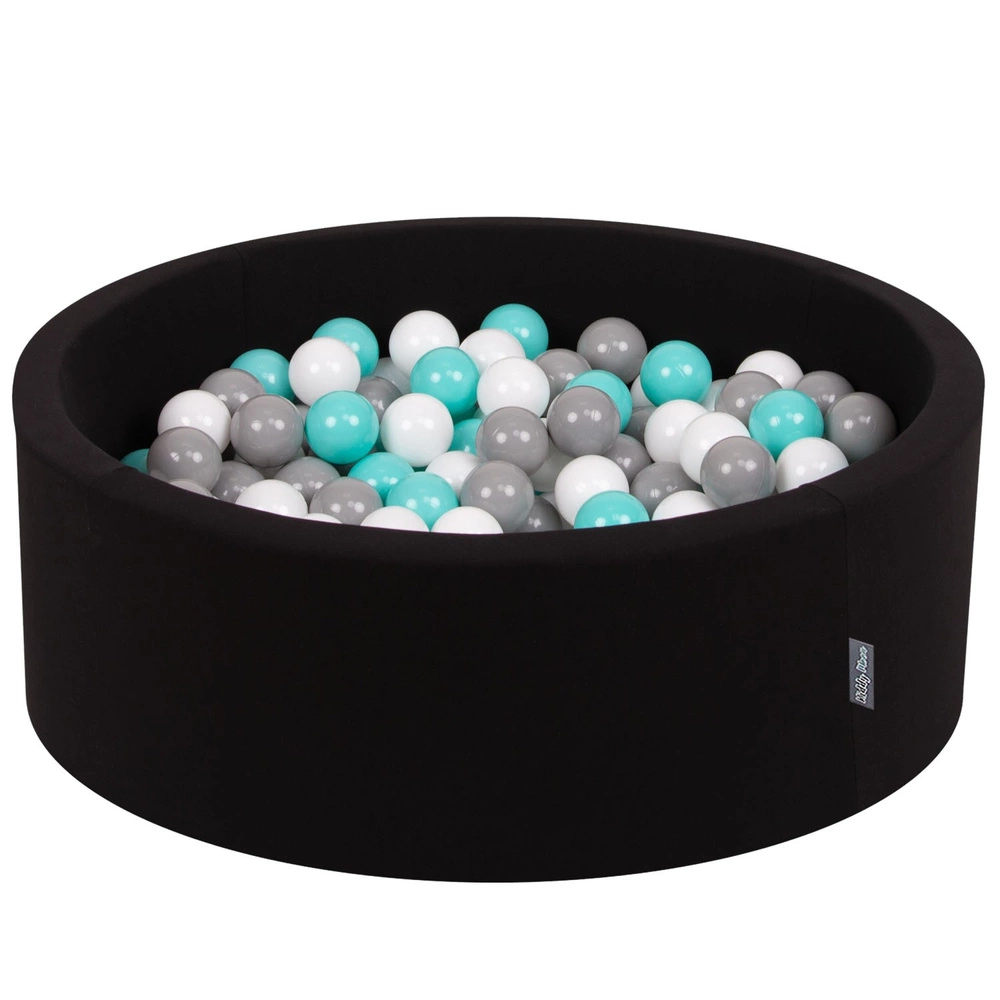 KiddyMoon Baby Foam Ball Pit with Balls ∅ 7cm / 2.75in Made in EU, black:white/grey/light turquoise, 90x30cm/200 balls