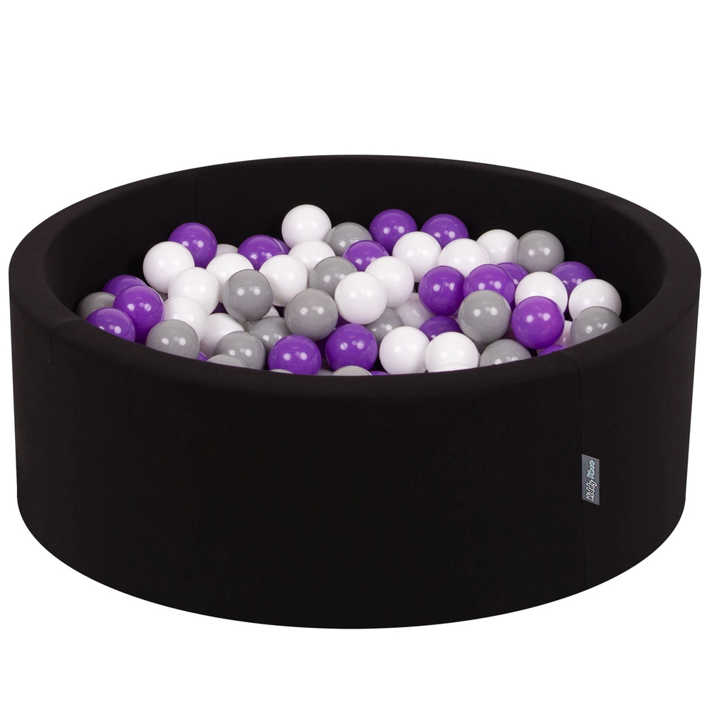 KiddyMoon Baby Foam Ball Pit with Balls ∅ 7cm / 2.75in Made in EU, black:white/grey/purple, 90x30cm/200 balls