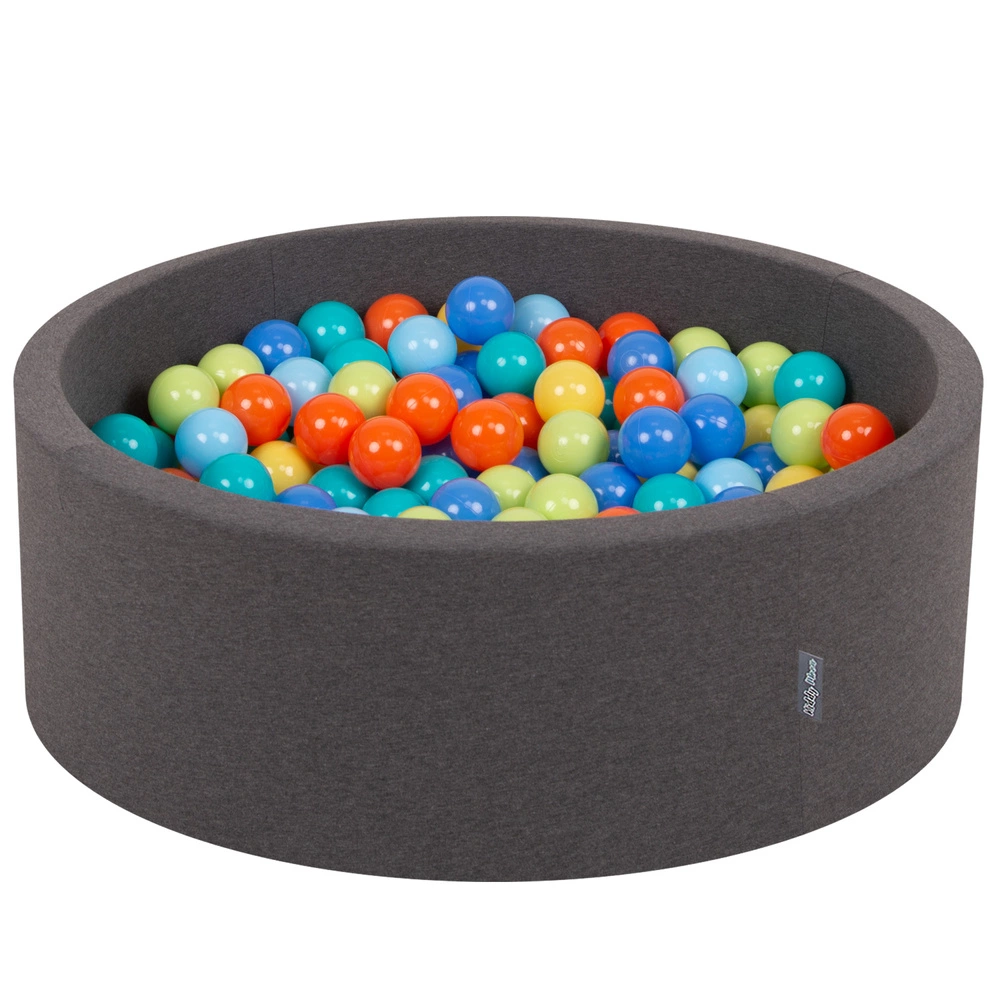 KiddyMoon Baby Foam Ball Pit with Balls ∅ 7cm / 2.75in Made in EU, d.grey:l.green/orange/turquois/blue/babyblue/yellw, 90x30cm/200 balls