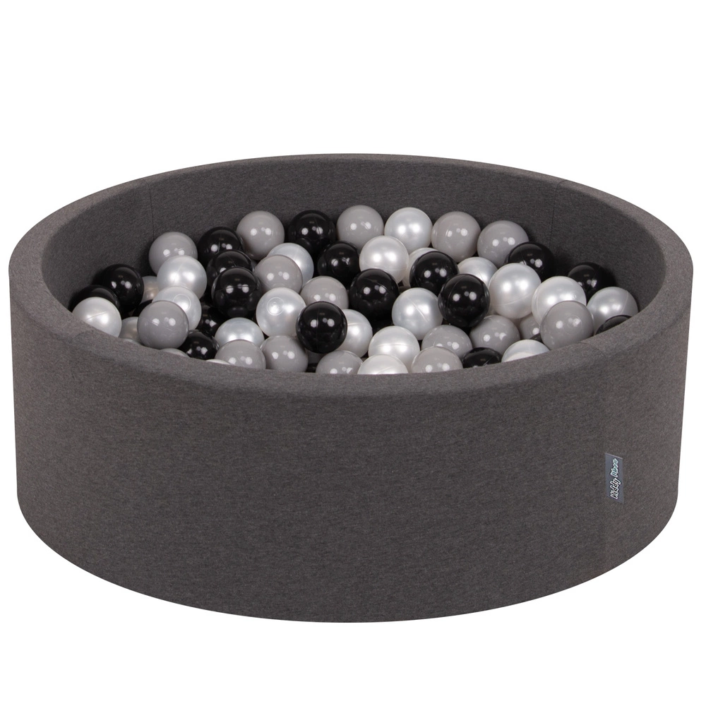 KiddyMoon Baby Foam Ball Pit with Balls ∅ 7cm / 2.75in Made in EU, dark grey:black/grey/pearl, 90x30cm/200 balls