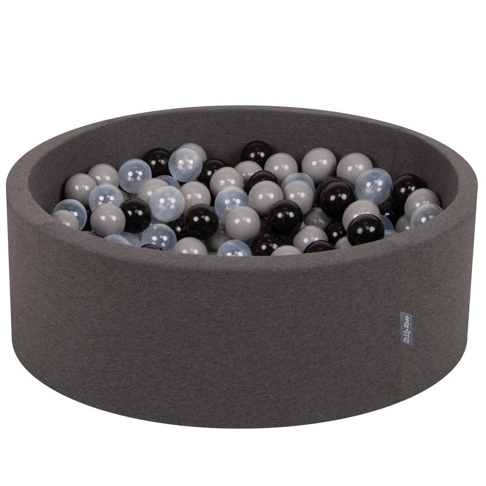KiddyMoon Baby Foam Ball Pit with Balls ∅ 7cm / 2.75in Made in EU, dark grey:black/grey/transparent, 90x30cm/200 balls