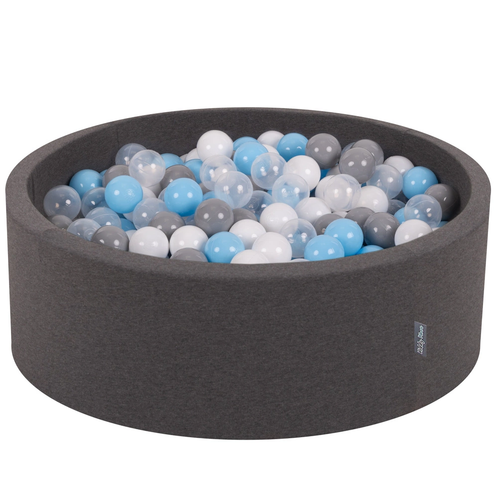 KiddyMoon Baby Foam Ball Pit with Balls ∅ 7cm / 2.75in Made in EU, dark grey:grey/white/transparent/babyblue, 90x30cm/200 balls
