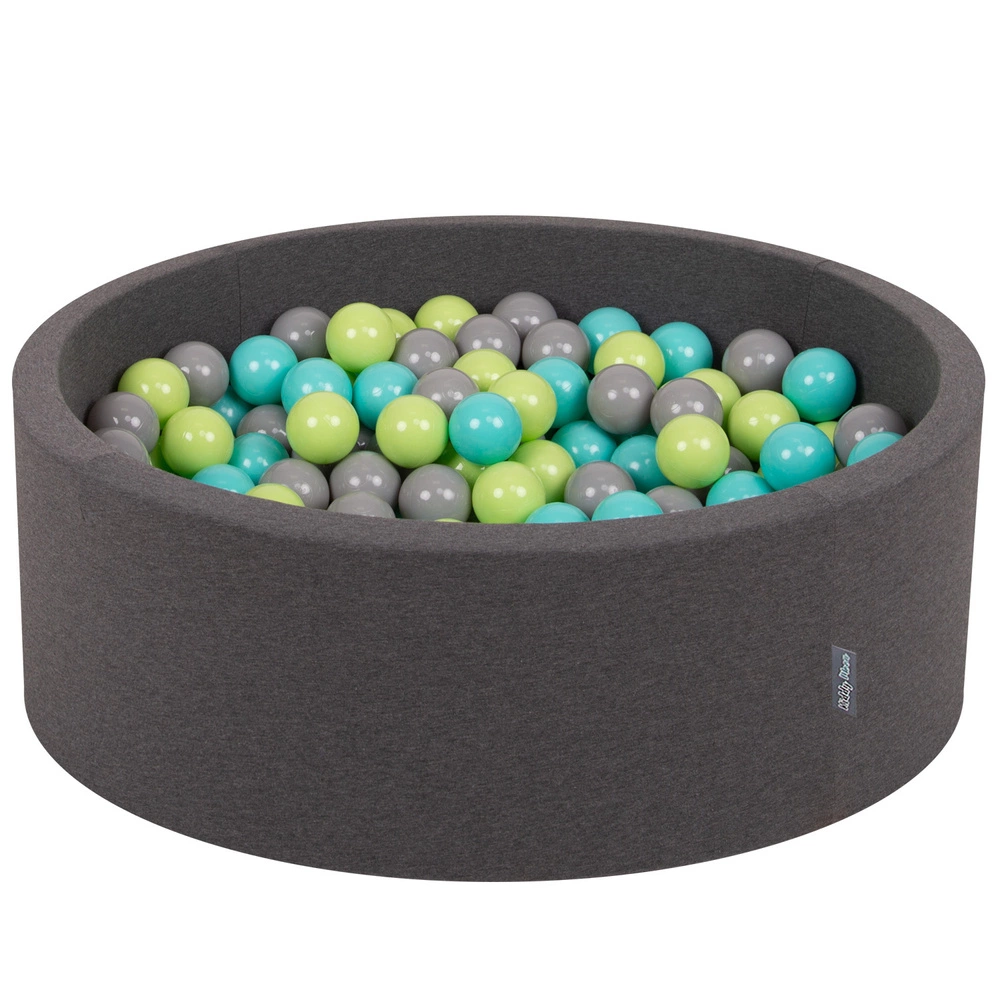 KiddyMoon Baby Foam Ball Pit with Balls ∅ 7cm / 2.75in Made in EU, dark grey:light green/light turquoise/grey, 90x30cm/200 balls