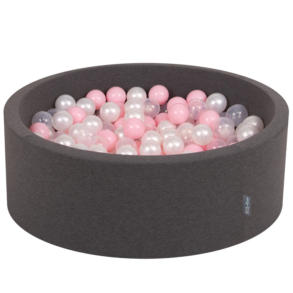 KiddyMoon Baby Foam Ball Pit with Balls ∅ 7cm / 2.75in Made in EU, dark grey:light pink/pearl/transparent, 90x30cm/200 balls