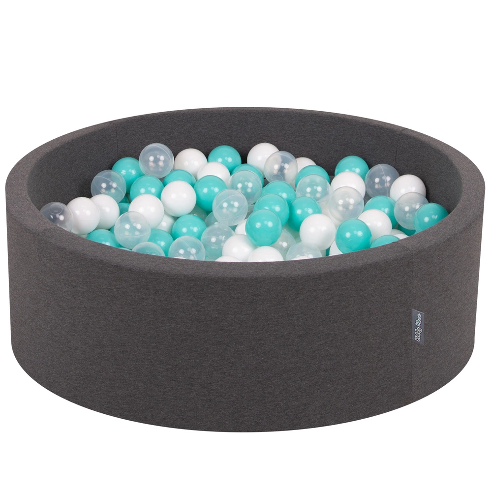 KiddyMoon Baby Foam Ball Pit with Balls ∅ 7cm / 2.75in Made in EU, dark grey:light turquoise/white/transparent, 90x30cm/300 balls