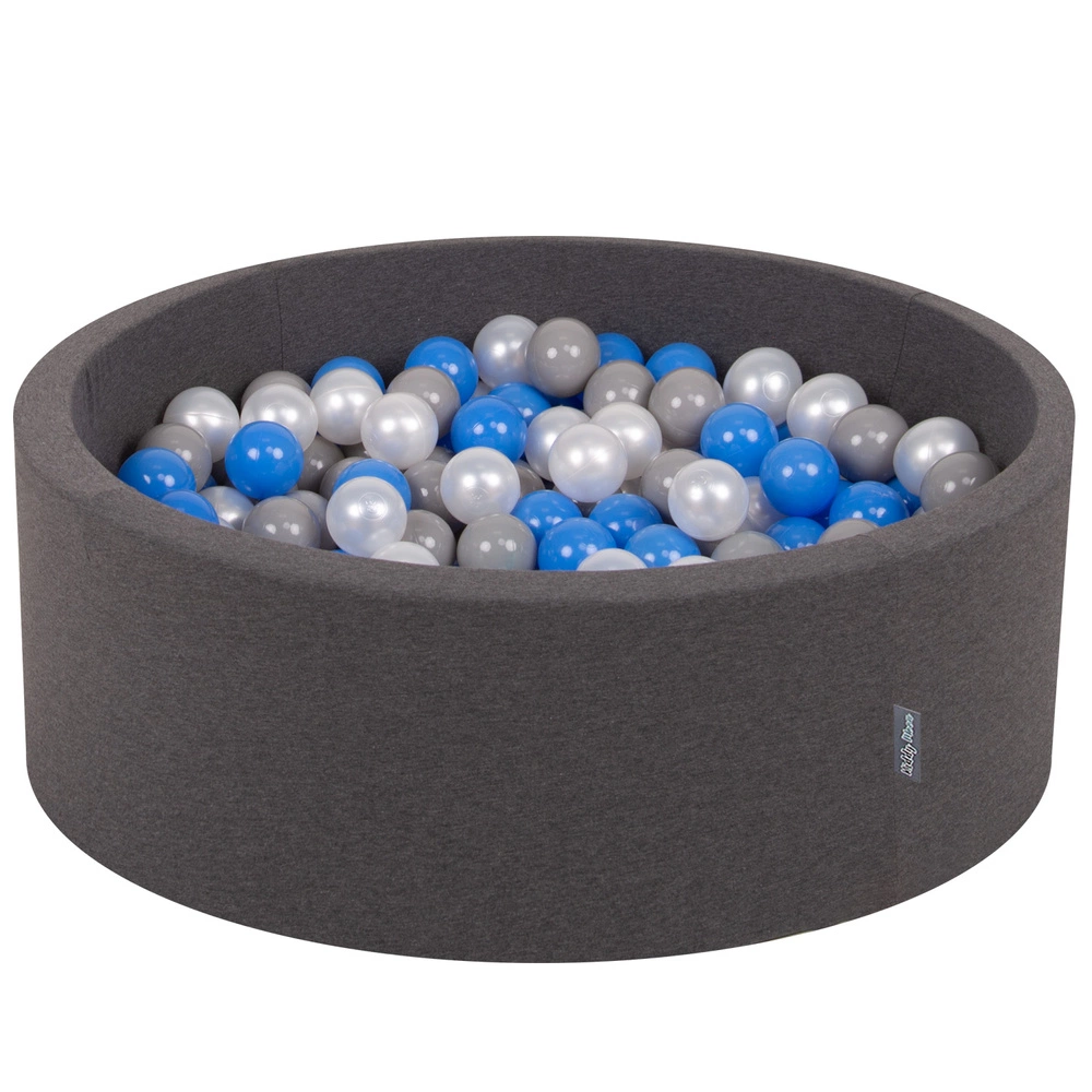 KiddyMoon Baby Foam Ball Pit with Balls ∅ 7cm / 2.75in Made in EU, dark grey:pearl/grey/blue, 90x30cm/200 balls