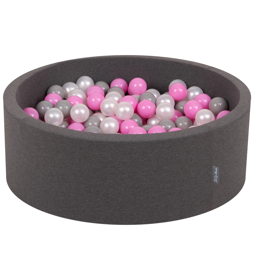 KiddyMoon Baby Foam Ball Pit with Balls ∅ 7cm / 2.75in Made in EU, dark grey:pearl/grey/pink, 90x30cm/200 balls