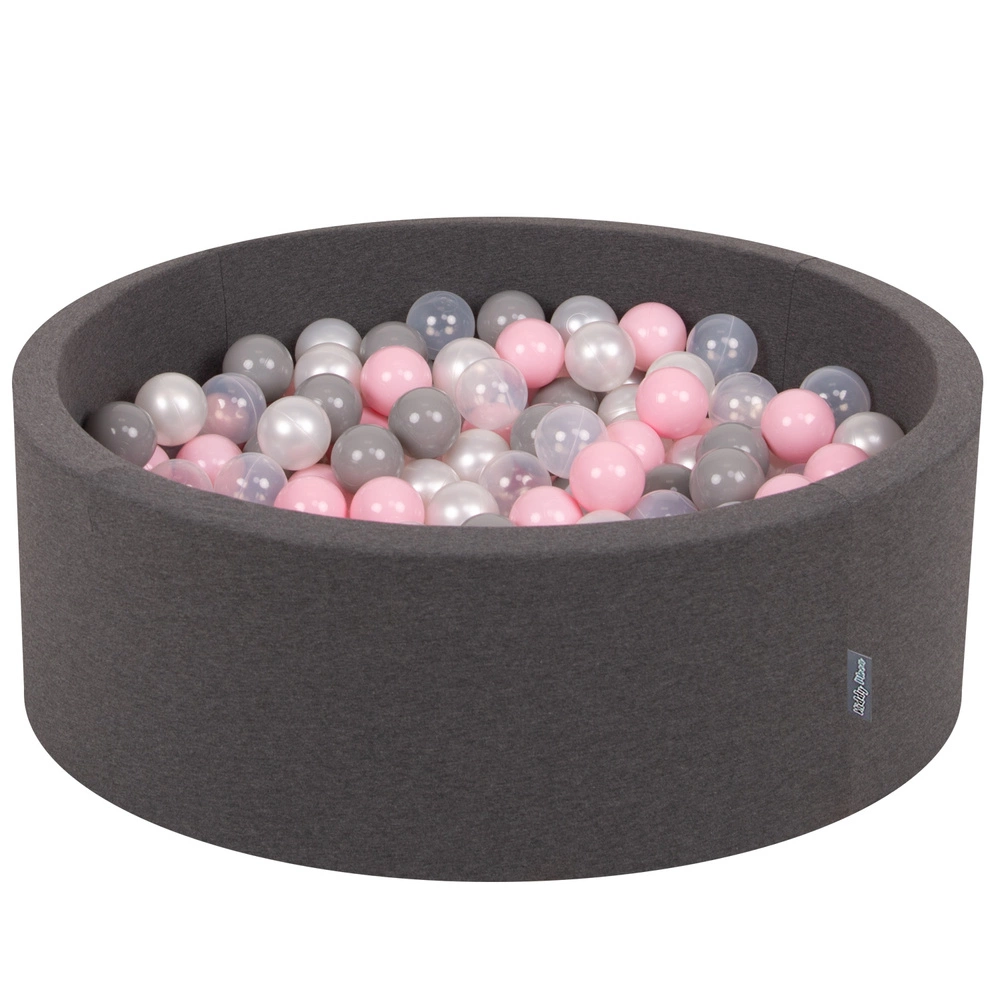 KiddyMoon Baby Foam Ball Pit with Balls ∅ 7cm / 2.75in Made in EU, dark grey:pearl/grey/transparent/light pink, 90x30cm/200 balls