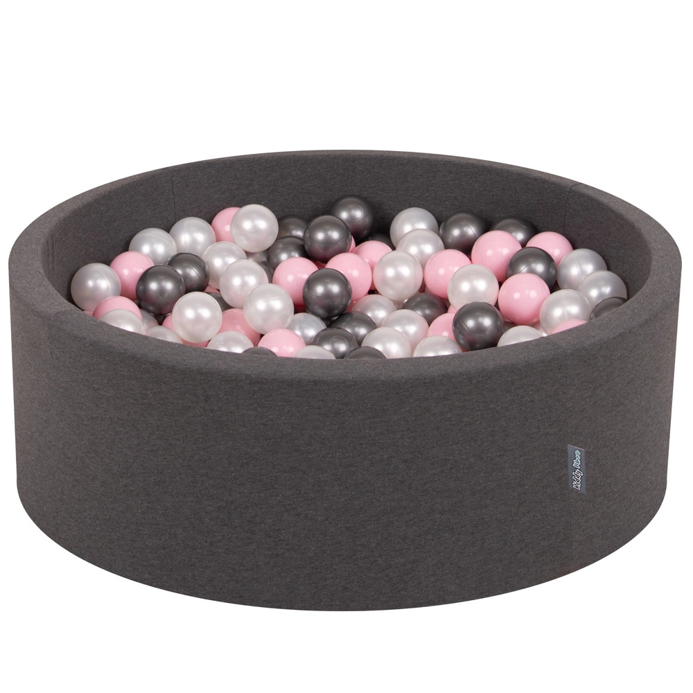 KiddyMoon Baby Foam Ball Pit with Balls ∅ 7cm / 2.75in Made in EU, dark grey:pearl/light pink/silver, 90x30cm/200 balls