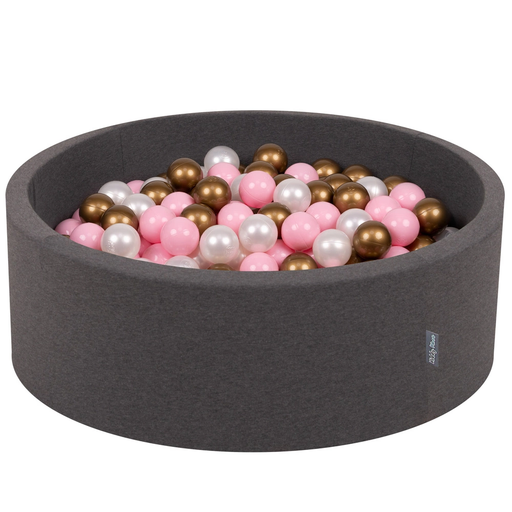 KiddyMoon Baby Foam Ball Pit with Balls ∅ 7cm / 2.75in Made in EU, dark grey:powder pink/pearl/gold, 90x30cm/200 balls