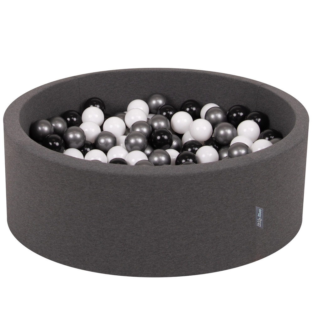 KiddyMoon Baby Foam Ball Pit with Balls ∅ 7cm / 2.75in Made in EU, dark grey:white/black/silver, 90x30cm/200 balls